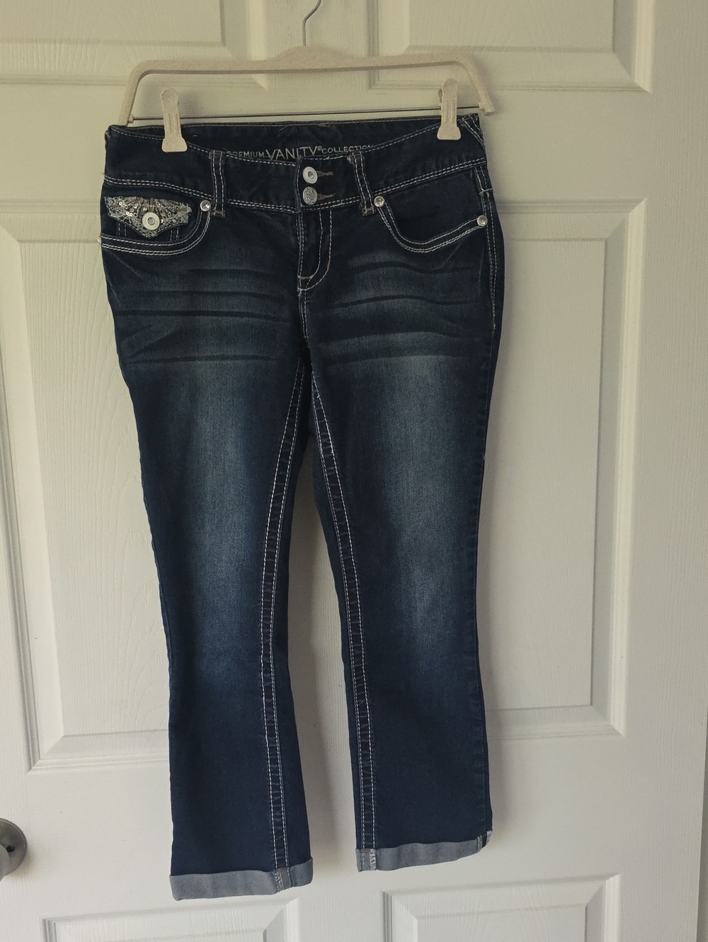 Vanity Dark Blue Cropped Stretchy Jeans with Embellished Pocket